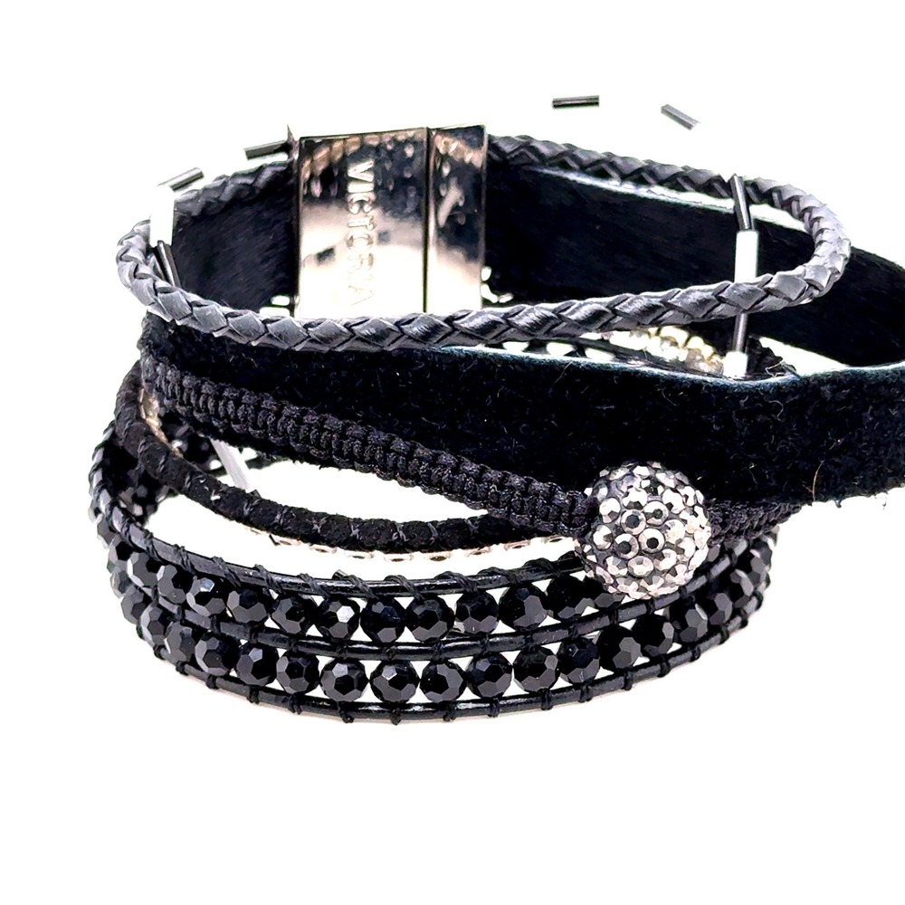 Victoria Emerson Black Multi Strand Magnetic Cuff Bracelet Beaded Leather 7 inch
